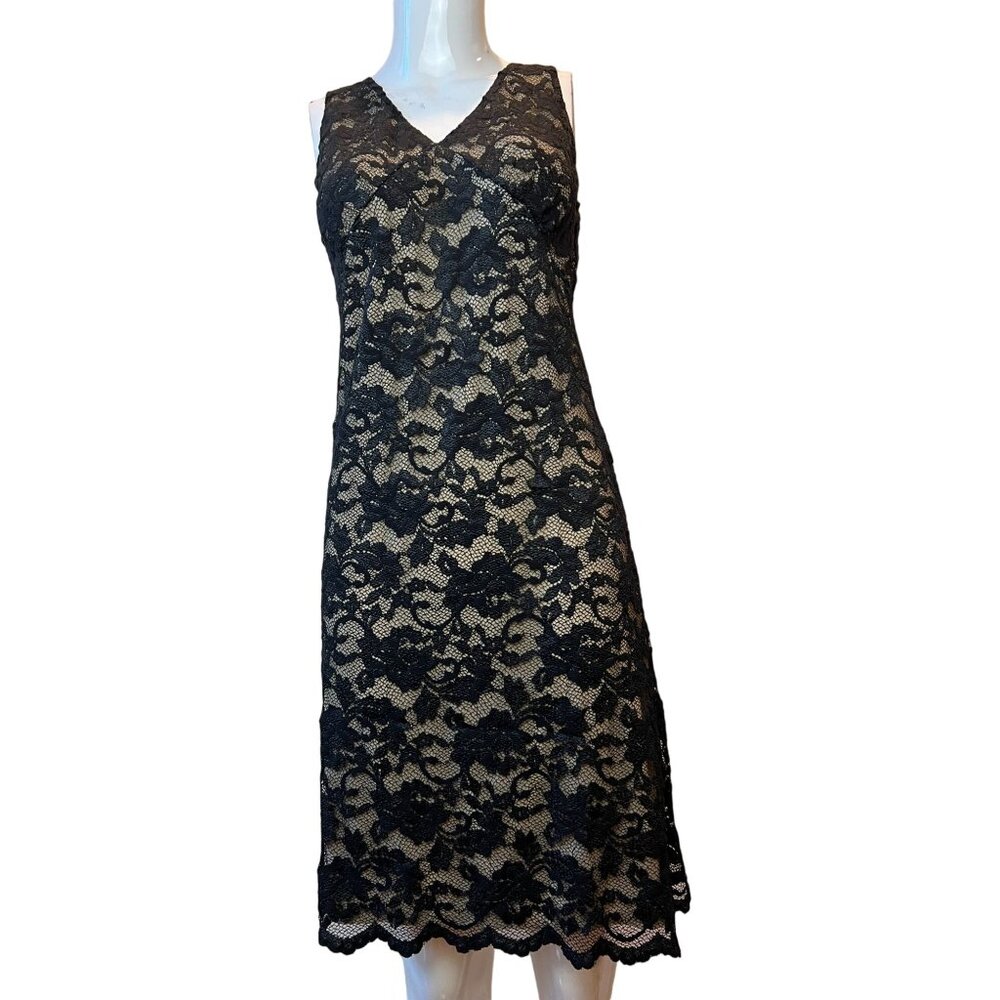 Belly Basics Sheath Dress Floral Lace Overlay V-Neck Sleeveless Black Size P